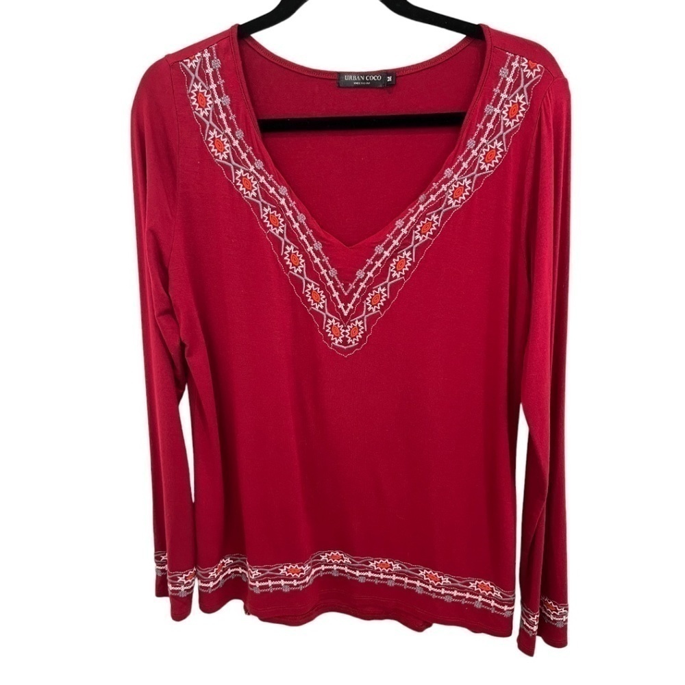 Urban coco Long Sleeve V-Neck Embroidered Deep Red T-Shirt Size Medium